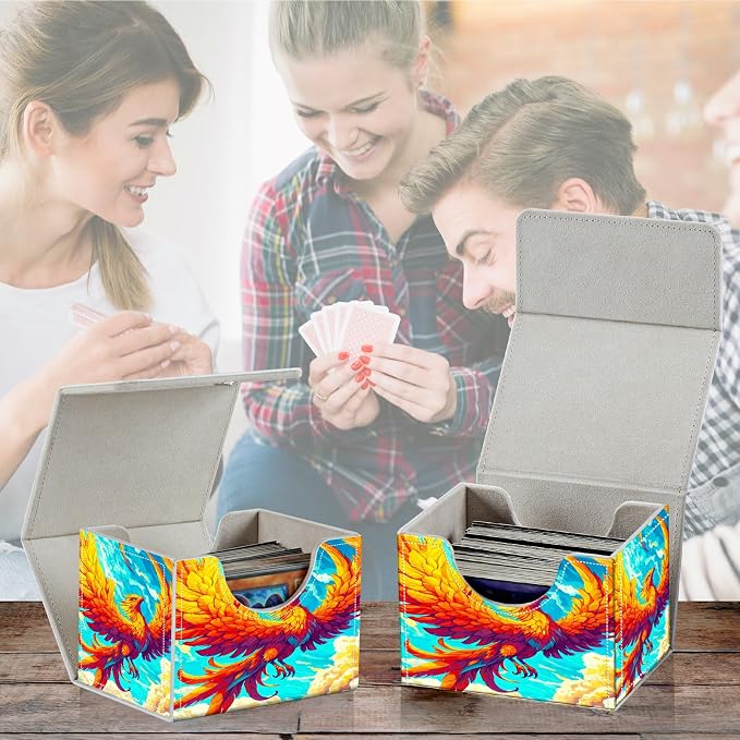 Card Deck Box for MTG, Cards Storage Box Fits 120+ Sleeved, Leather Small Size Strong Magnetic Closing Card Case for Board Games Magic TCG CCG Baseball Collection, Flamingo Sky