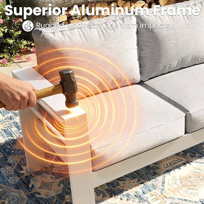 5 Pieces Modern Aluminum Patio Furniture Set with Fire Pit Table, Outdoor Conversation Sets Metal Sectional Sofa