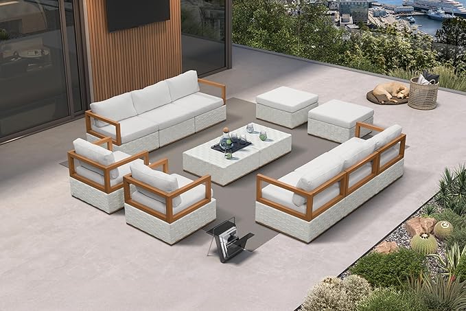 PURPLE LEAF Patio Outdoor Furniture Set 12 Pieces, Premium Leather Outdoor Couch Sectional Sofa, Modular Patio Conversation Sets with Olefin Cushions, Patio Couch for Porch, Balcony, Garden, White