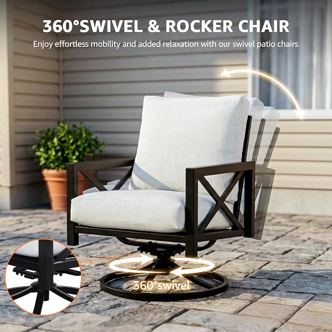 NATURAL EXPRESSIONS 4 Piece Metal Outdoor Patio Furniture Set, Patio Conversation Set with Extra Thick Cushion and Table, Black Frame Backyard Furniture (3 Seater with 2 Swivel Chairs Set)