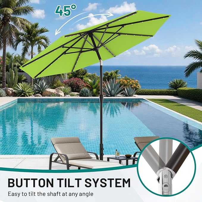 AreShark 9FT Patio Umbrella with Solar Lights, 32 Lighted Pool Umbrella w/Tilt and Crank, Outdoor Market Solar Umbrellas for Garden, Deck, Backyard, Pool and Beach, Apple Green