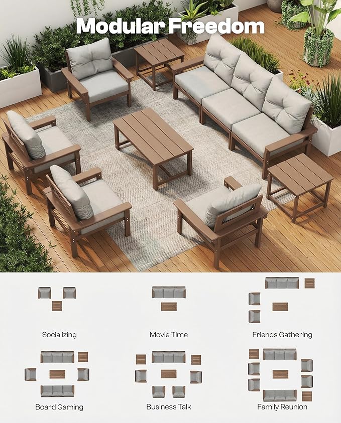 3 Piece HDPE Outdoor Patio Furniture Set, All-Weather 2 Armchairs with Side Table, Patio Conversation Set with Washable Thick Cushion for Balcony/Porch/Backyard, Teak