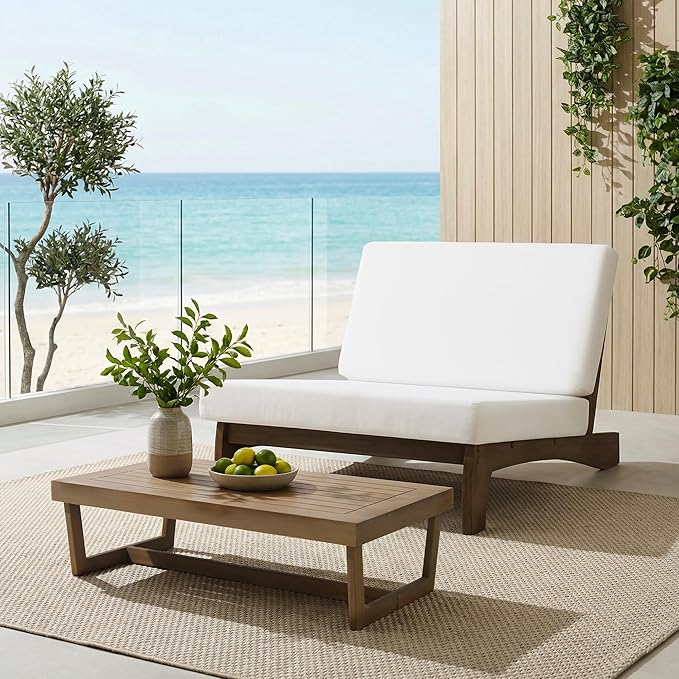 UIXE Wood Patio Furniture Sets, 2 Pieces All Weather Patio Loveseat Outdoor Sofa with Solid Wooden Coffee Table - Beige