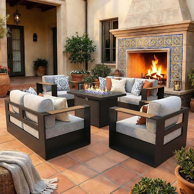 LayinSun 5 Pieces Aluminum Patio Furniture Set with Fire Pit Table, Oversized Outdoor Conversation Set 7 Seats with 6" Thick Cushions for Outside Porch, Balcony, Deck