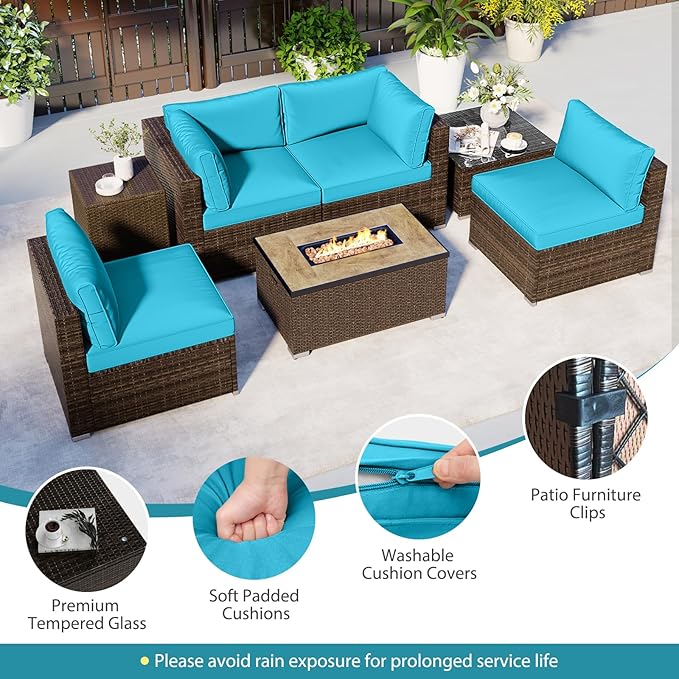 Tangkula 7 Pieces Outdoor Sectional Sofa Set Set with 32” Fire Pit Table and Propane Tank Cover, for Deck, Garden and Backyard, Fire Pit Protective Cover Included (Turquoise)