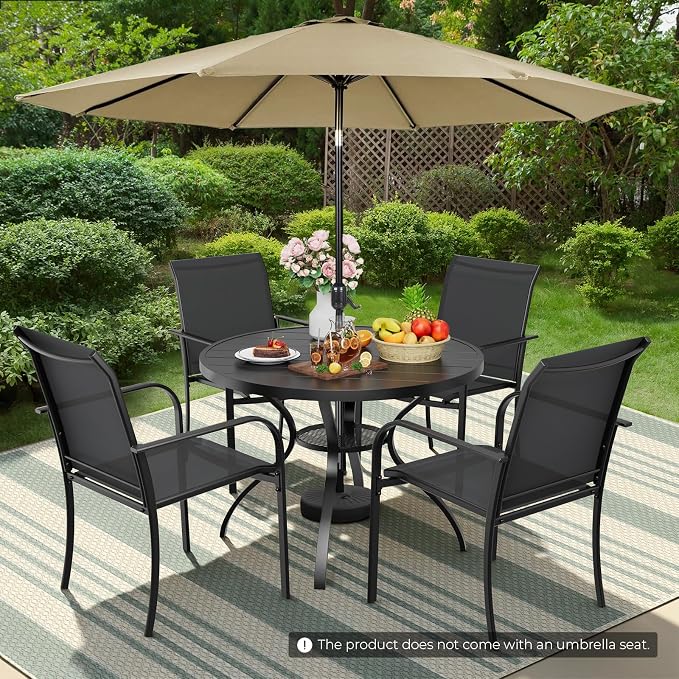 Incbruce 6 PCS Patio Dining Set with Brown Umbrella, Outdoor Dining Set of 4 Textilene Chairs and 41" Round Table with Umbrella Hole for Backyard, Garden, and Poolside (Black)
