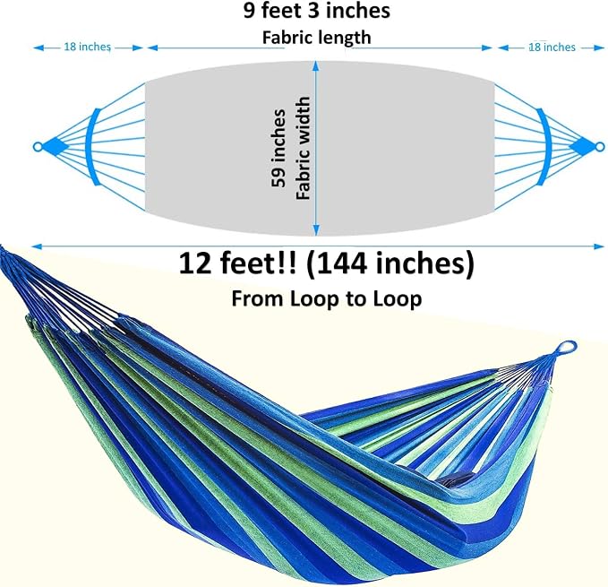 CJ Ultra Double Brazilian Hammock - XL Wide Two Person Soft Woven Cotton Fabric - Long Hamaca Swing Bed for Backyard Patio or Porch - Outdoor or Indoor - Includes 2 Hanging Tree Ropes (Blue Striped)