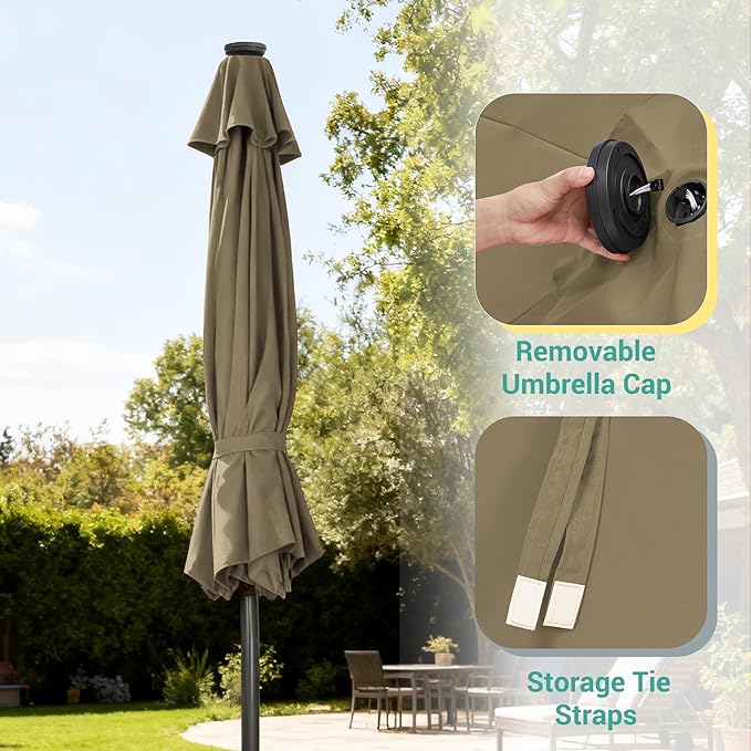 9ft Patio Umbrella Outdoor with Solar Lights,32 LED Lighted Table Market Umbrella with Tilt and Crank, 2-Year-Non-Fading, 8 Sturdy Ribs,for Pool, Deck, Garden,Backyard