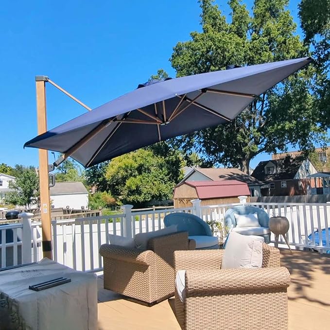 PURPLE LEAF 9FT Patio Umbrella Square Cantilever Umbrella Teak Finished Aluminum Frame Large Windproof Offset Outdoor Sun Umbrellas for Beach Pool Deck, Navy Blue