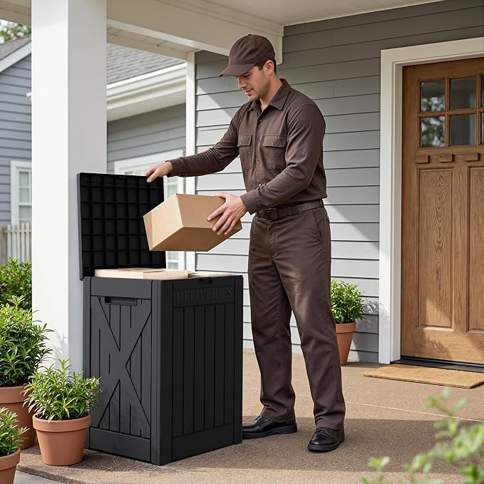 Flamaker 50 Gallon Deck Box, Package Delivery Box for Outside, Outdoor Package Drop Container for Gifts, Waterproof Plastic Storage Container with Lockable Secure for Porch (Black)