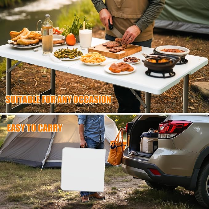 VTOY 4FT（24" x 48"） Folding Table, Indoor Outdoor Heavy Duty Table with Carrying Handle,Placstic Fold up Table for Picnic, Party, Camping，Office - White (4FT)