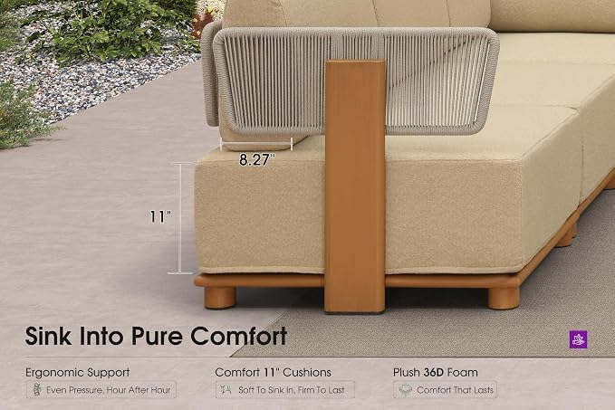 PURPLE LEAF Patio Furniture Set Modular U-Shaped Outdoor Sectional Sofa with 11" Thick Olefin Cushion 7-Piece Outdoor Conversation Set with Ottoman & White Lights for Backyard Garden Poolside, Beige