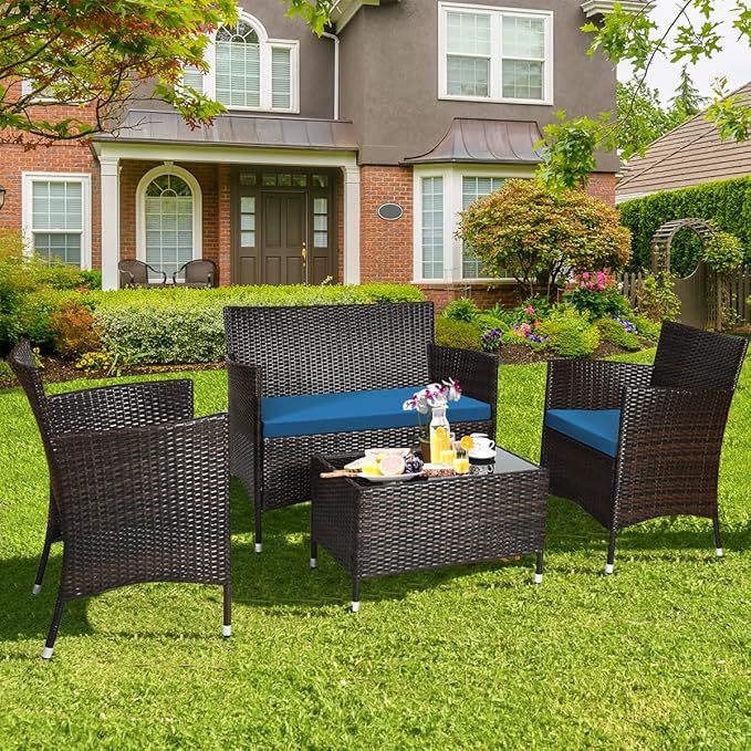Tangkula 4 Pieces Patio Rattan Conversation Set with Tempered Glass Coffee Table & Thick Cushion, Wicker Set for Garden, Lawn, Poolside and Backyard