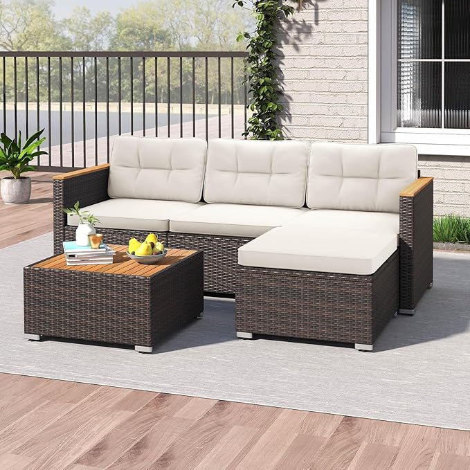 Tangkula 5 Pieces Outdoor Patio Furniture Set, L Shaped Rattan Cushioned Chairs & Coffee Table Set, Outdoor Sectional Conversation Sofa with Wood Armrests & Tabletop for Backyard, Porch, Balcony