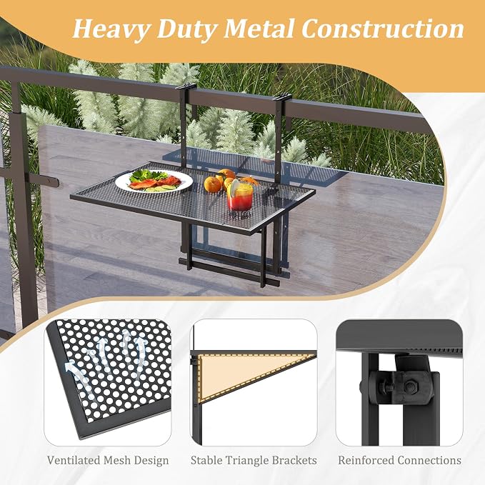 HAPPYGRILL Balcony Railing Table, Outdoor Folding Hanging Table with 5 Adjustable Heights, Heavy Duty Metal Hanging Bar Table for Patio, Garden and Deck