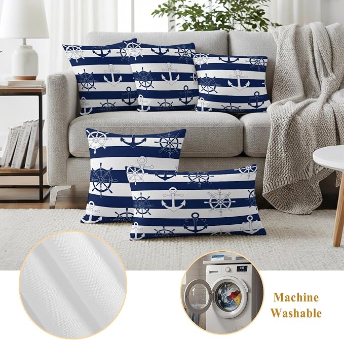 Nautical Ship Anchors Waterproof Outdoor Pillow Covers Set of 2 Home Decor, Coastal Navy Blue Stripes Pillowcase Patio Pillow Covers for Couch Bench Patio Furniture Garden 26x26in