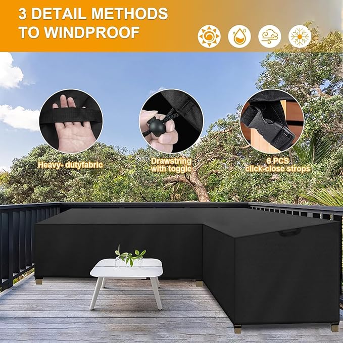 Patio Sectional Sofa Cover, Waterproof Outdoor Couch Cover, Lawn Patio Furniture ,Rip Stop,Anti UV,Oxford V Shaped Sectional ,Corner Sofa Protector Covers (Black, 84.6x84.6x31x33.5 in)