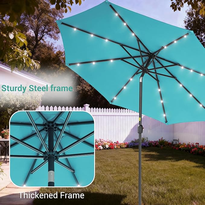 9ft Patio Umbrella Outdoor with Solar Lights,32 LED Lighted Table Market Umbrella with Tilt and Crank, 2-Year-Non-Fading, 8 Sturdy Ribs,for Pool, Deck, Garden,Backyard