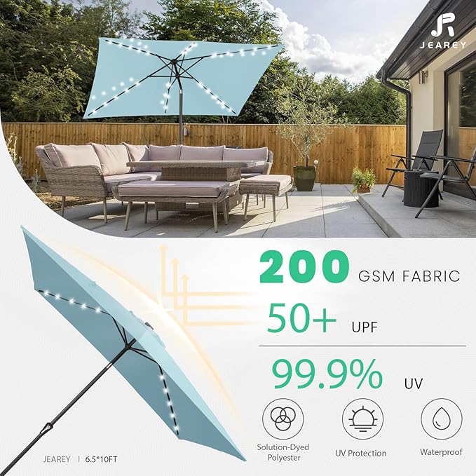 JEAREY 6.5x10 ft Rectangular LED Lighted Patio Umbrellas Outdoor Solar Table Market Umbrella w/Push Button Tilt/Crank, 6 Sturdy Ribs, UV Protection Waterproof Sunproof(Lake Blue)