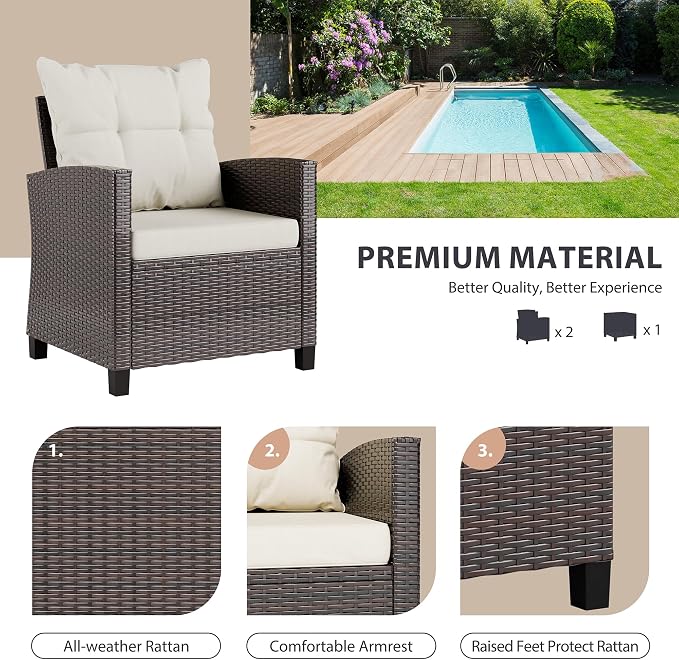 Vongrasig 3 Piece Patio Furniture Set Small Outdoor Wicker Rattan Front Porch Bistro Set Cushioned Patio Chairs Conversation Set with Glass Table for Lawn, Garden, Backyard, Balcony, Poolside (Beige)