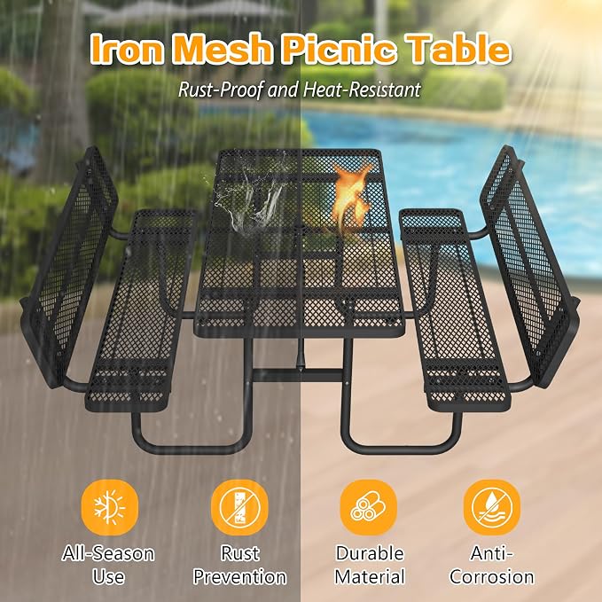 Outdoor Picnic Table with Umbrella Hole - Coated Steel Heavy Duty Commercial Grade Dining Table with Back Seat,Commercial Metal Picnic Table, Heavy Duty Rectangular Furniture Set for Life