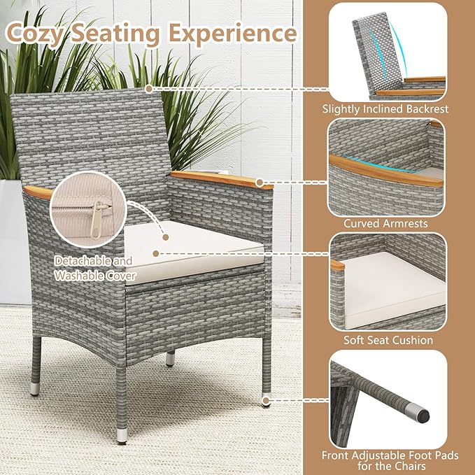 HAPPYGRILL 9 Pieces Patio Dining Set for 8, Outdoor Acacia Wood Table and Rattan Chairs with 2" Umbrella Hole, Cushions, Wicker Outdoor Dining Furniture Set for Backyard, Garden, Deck (Off White)