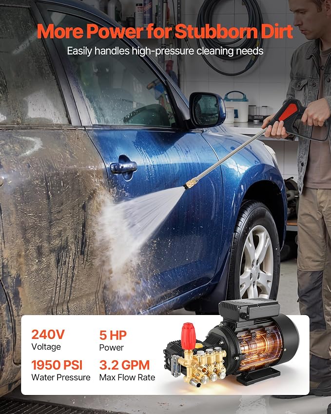 VEVOR Electric Pressure Washer Pump Kit, 1950 PSI, 3.2 GPM, Triplex Power Washer Pump with 5 HP Motor 240 V, Includes Wall Mount Bracket, Spray Gun, Wand, Hose, 5 Nozzles, for Washing Cars, Gardens