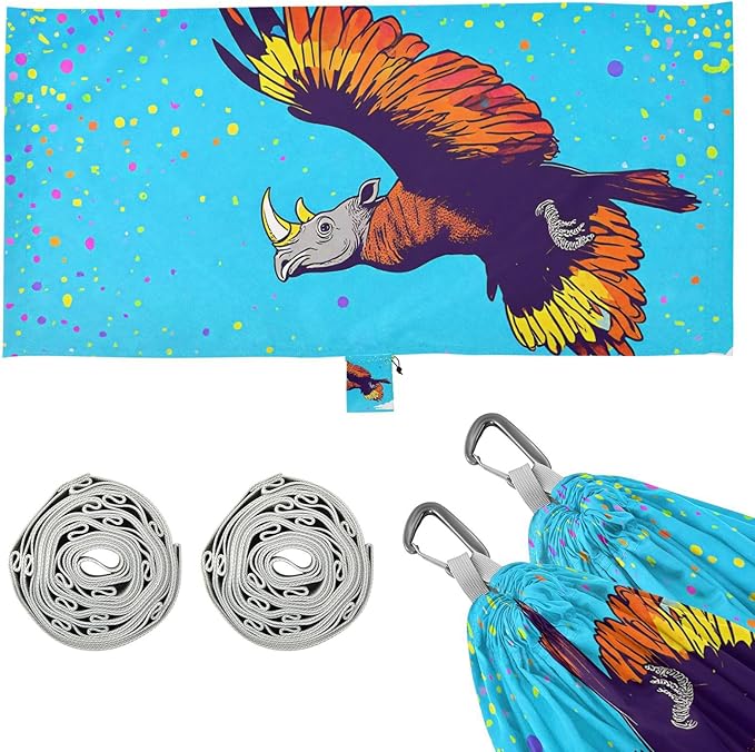 FUUNY Abstract Rhino Bird Colorful 330lb Capacity Hammocks with Hanging Rope Tree Hammock for Outside Patio Backyard Poolside hamaca inflable para Piscina