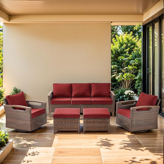Luxury 5 Piece Heavy Duty Patio Furniture Set with Swivel Chairs - All Weather Wicker Comfort Thick Cushion Outdoor Conversation Set with 3 Seat Sofa & Ottoman for Porch Poolside Deck - Red