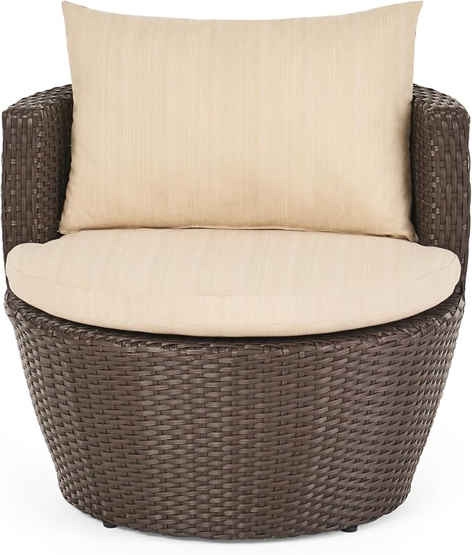 Merax Patio Furniture Set of 3, Outdoor PE Rattan Wicker Chairs with Cushion & Glass Coffee Table for Balcony Garden Front Porch, Patio Conversation Sets for 2, Sturdy Aluminum Frame, Brown+Beige