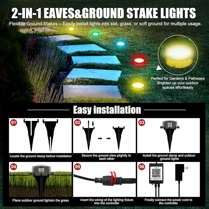 50FT Permanent Outdoor Lights, Waterproof 2-in-1 Eaves & Ground Stakes LED String Lights with App/Remote Control for House, Garden– Smart Color-Changing Lighting for Halloween Christmas Decorations