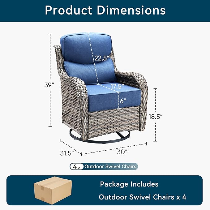 Luxury Outdoor Swivel Rocker Patio Chairs-4 Pieces High Back Swivel Rocker Patio Chairs with Thick Cushions All Weather Wicker Outdoor Furniture Set for Deck Porch Balcony(Grey/Blue)