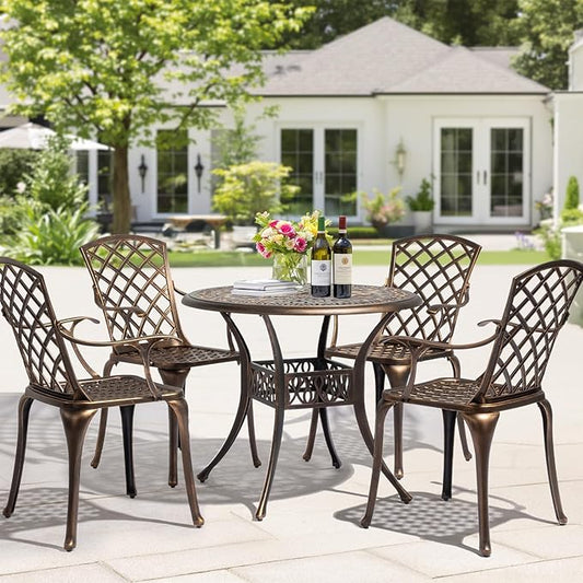 VINGLI 5 Pieces Outdoor Patio Dining Set, Cast Aluminium Patio Furniture Set with 4 Chairs and 1 Umbrella Table for Yard, Garden, Porch and Poolside, Bronze (Round Table)