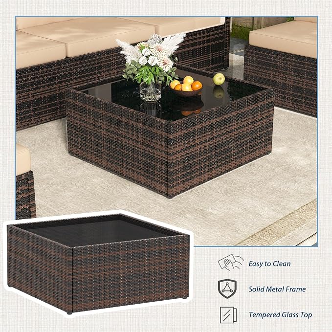 AECOJOY 7 Piece Outdoor Patio Furniture Set, Outdoor Sectional Conversation Furniture Chair with Coffee Table,Patio Sectional for Garden,Backyard(Khaki Cushions and Brown PE Rattan, with Cover)