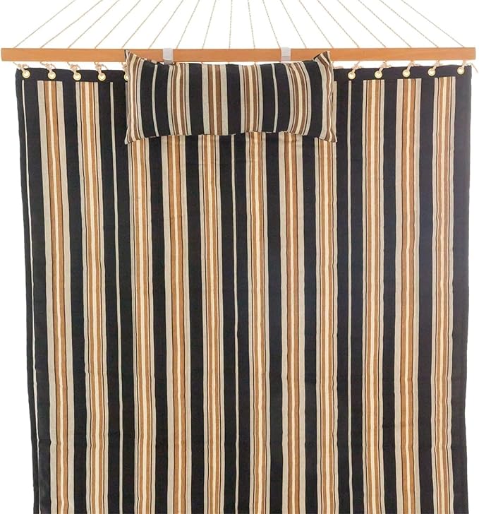 Castaway Living Large 2-Person Quilted Hammock with Stand & Pillow – Beige & Black Stripe, 10 ft. L x 52 in. W, 350 lb Capacity, Weather-Resistant Polyester, Portable Space-Saving Frame