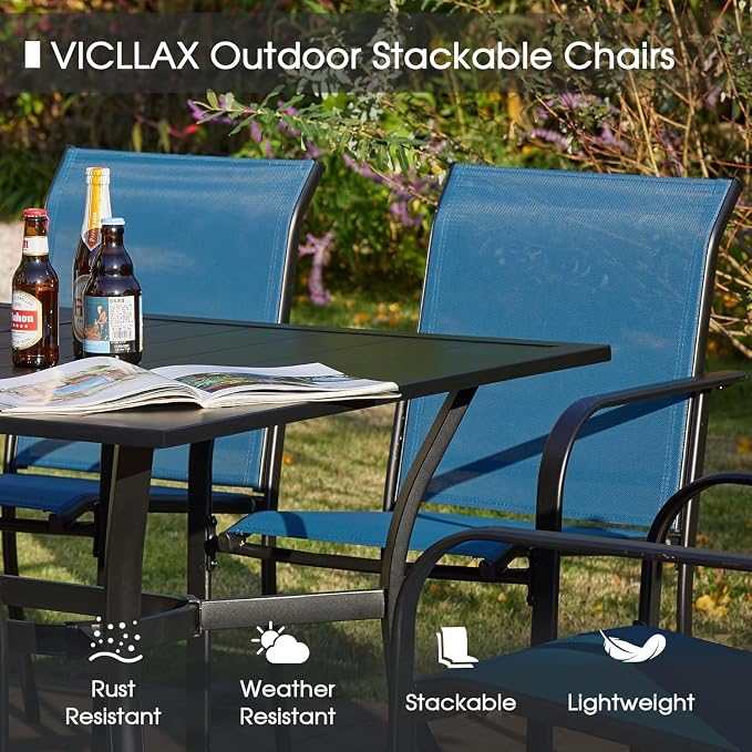 VICLLAX Patio Dining Set for 6, 7-piece Outdoor Dining Set - 59" Rectangle Patio Table and Chairs for Lawn Garden, Black Tabletop and Blue Fabric