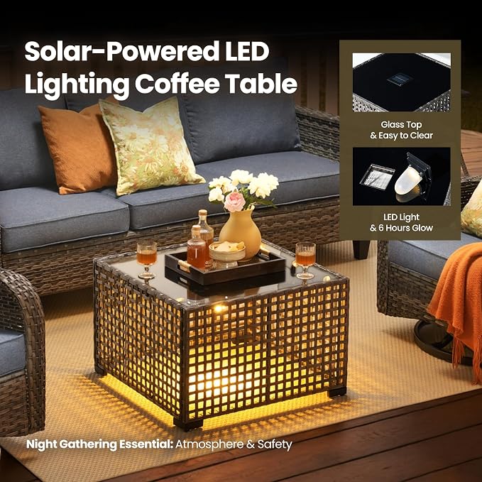 8 Piece Wicker Patio Furniture Set with Solar Table, Denim Blue | Outdoor Deep Seating Sofa Chair Ottoman, Solar Lights Table, All Weather Rattan, Modern Conversation Set, Porch Deck Backyard