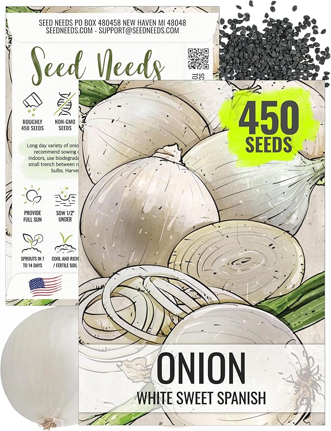 Seed Needs Onion Seeds for Planting White Sweet Spanish Long Day Onions - Non-GMO Heirloom & Untreated Vegetable Seeds to Plant an Outdoor Home Grown Veggie Garden (1 Pack)