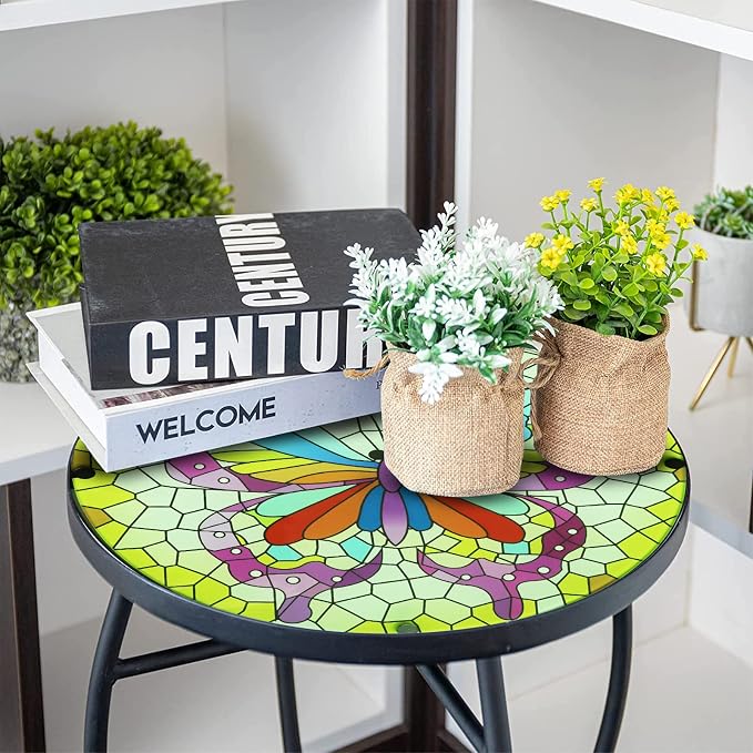 Arbuxzuy 12 Inch Small Outdoor Side Table with Colorful Butterfly, Glass Mosaic Patio Table Indoor, Round Plant Coffee Table for Living Room, Balcony, Garden