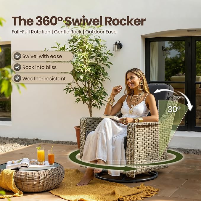 5 PCS Patio Conversation Set, All-Weather Rattan Wicker Outdoor Patio Furniture Sets with High Back Swivel Rocker Chair, Solar Light Coffee Table for Porch,Backyard,Balcony,Black
