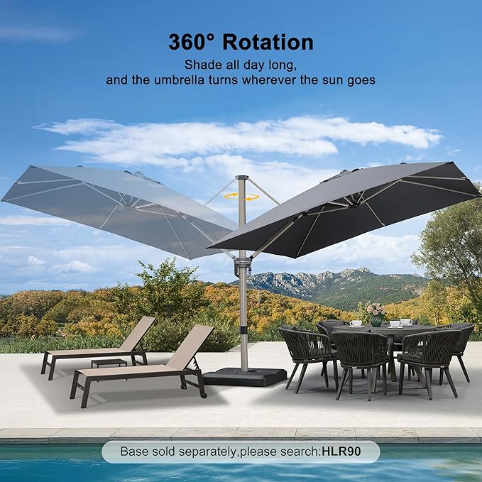 PURPLE LEAF 10’ X 10‘ Patio Umbrella Outdoor Cantilever Umbrella, Aluminum Offset Umbrella with Champagne Frame and 360° Rotation for Pool Deck Garden, Grey