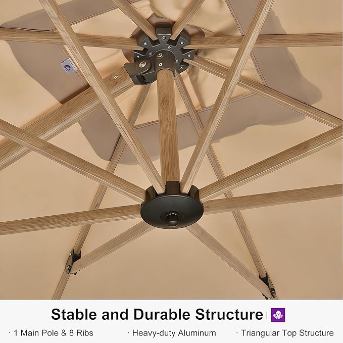 PURPLE LEAF 10FT Patio Umbrella Square Cantilever Umbrella Teak Finished Aluminum Frame Large Windproof Offset Outdoor Sun Umbrellas for Beach Pool Deck, Beige
