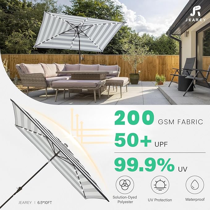 JEAREY 6.5x10 ft Rectangular LED Lighted Patio Umbrellas Outdoor Solar Table Market Umbrella w/Push Button Tilt/Crank, 6 Sturdy Ribs, UV Protection Waterproof Sunproof(Black-White Stripe)
