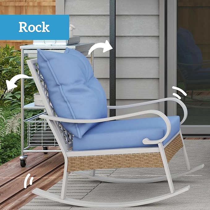 Outsunny 4 Piece Patio Furniture Set for Backyard, Lawn and Pool, Outdoor Conversation Set with Loveseat Sofa, Rocking Chairs, Coffee Table, Light Blue