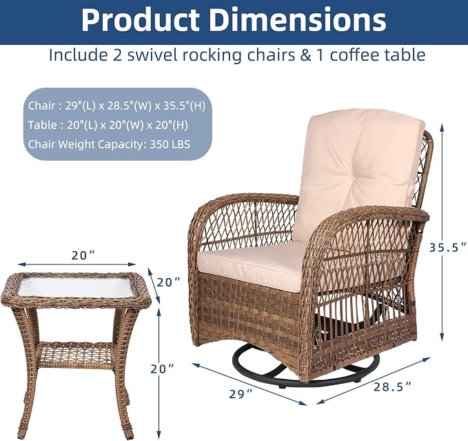 3-Piece Patio Wicker Conversation Bistro Set, Rattan Gliding Rocking Swivel Chairs with Cushion and Glass Top Side Table Outdoor Furniture Sets for Garden Backyard, Light Brown
