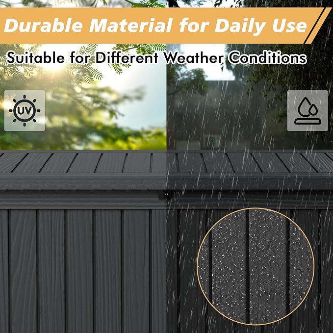 Fancyango 140 Gallon Outdoor Deck Box Waterproof, Large Storage Box for Patio, Resin Storage Bench Lockable for Garden Tools, Package Delivery, Black