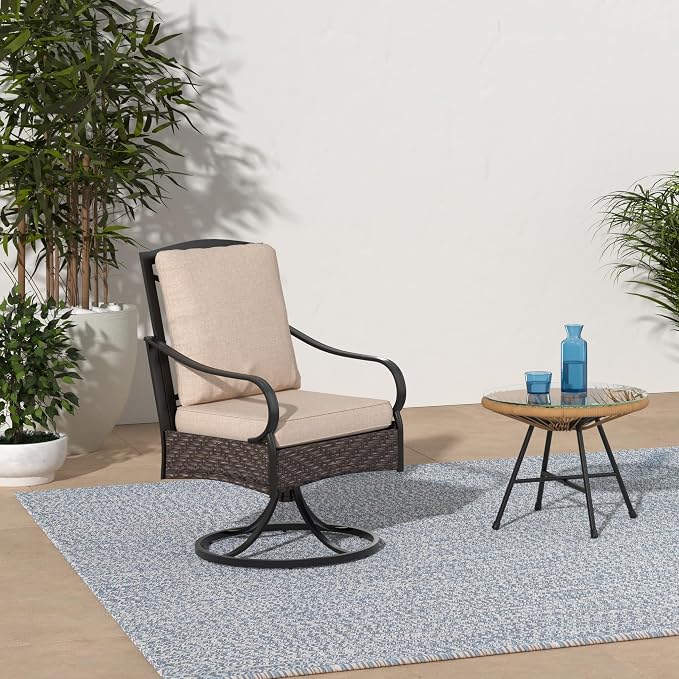 PHI VILLA Swivel Patio Dining Chairs Wicker Chairs Set of 4 with Cushions | Heavy Duty Outdoor Metal Wicker Dining Chair with Padded Cushions, Large All Weather Wrought Iron Patio Chair for Balcony