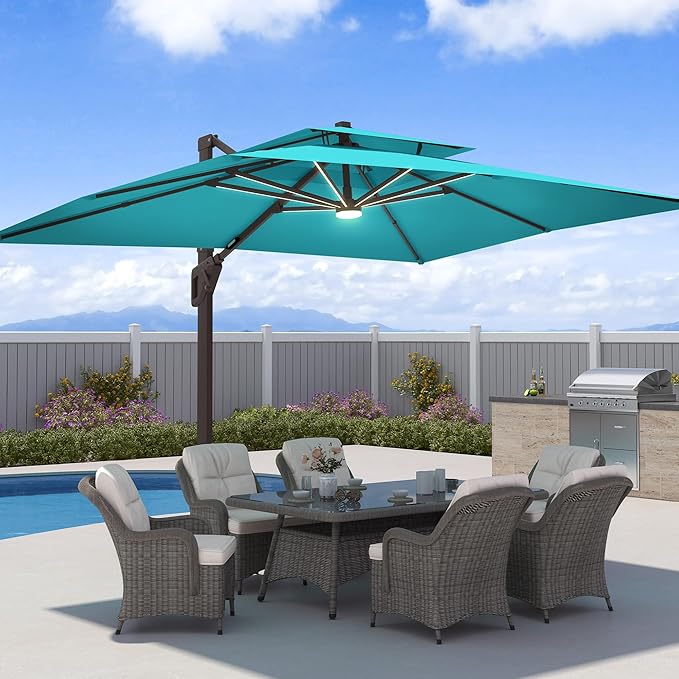 9x12 FT Patio Umbrella with Weighted Base and LED Lights Cantilever Outdoor Large Heavy Duty Rectangle Aluminum Offset Umbrellas Double Top 360 Rotation for Pool Deck Garden, Turquoise