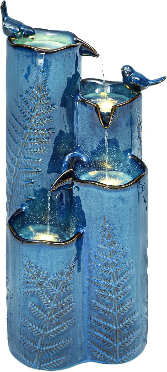 32" H Ceramic Outdoor Water Fountain, 4-Tier Tropical Cascading Waterfall with LED, Turquoise Glaze & Embossed Fern Pattern, Bird-Attracting Water Feature for Garden Patio Yard & Porch Decor