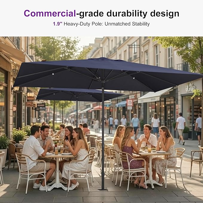 PURPLE LEAF 11' x 8' Rectangular Semi-Auto Outdoor Patio Umbrella Aluminium Market Umbrella Table Sun Umbrella with 1.89" Rod and 8 Sturdy Ribs for Deck Lawn Pool Garden, Navy Blue